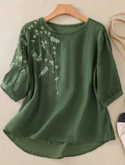 Women's Cotton Linen Shirts Solid Color Basic Casual 3/4 Length Sleeve Crew Neck Regular Tops Daily Embroidered Yellow Purple Green Gray Summer Women Shirts