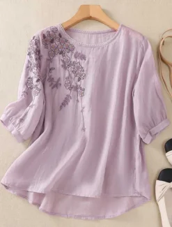 Women's Cotton Linen Shirts Solid Color Basic Casual 3/4 Length Sleeve Crew Neck Regular Tops Daily Embroidered Yellow Purple Green Gray Summer Women Shirts