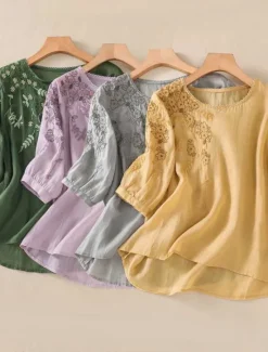 Women's Cotton Linen Shirts Solid Color Basic Casual 3/4 Length Sleeve Crew Neck Regular Tops Daily Embroidered Yellow Purple Green Gray Summer Women Shirts
