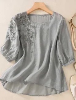 Women's Cotton Linen Shirts Solid Color Basic Casual 3/4 Length Sleeve Crew Neck Regular Tops Daily Embroidered Yellow Purple Green Gray Summer Women Shirts
