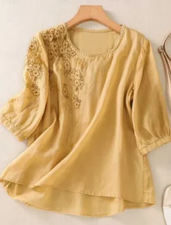 Women's Cotton Linen Shirts Solid Color Basic Casual 3/4 Length Sleeve Crew Neck Regular Tops Daily Embroidered Yellow Purple Green Gray Summer Women Shirts
