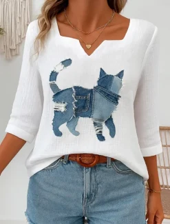 Best Women's Cotton Linen Shirts Graphic Animal Vintage Tropical Stylish 3/4 Length Sleeve Asymmetrical Regular Tops Daily Holiday White Blue Summer Spring Women Shirts