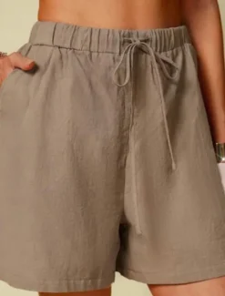 Best Women's Cotton Linen Shorts Shorts Slacks Streetwear Casual Short Natural Plain Pocket Elastic Drawstring Design Comfy Comfortable Outdoor Vacation Going out Black Khaki Summer Regular Fit Women Pants