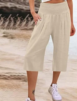 New Women's Cotton Linen Shorts Linen-Inspired Pants Cotton Linen Pants Fashion Streetwear Ankle-Length High Waist Plain Pocket Elastic Waistband Comfy Soft Comfortable Micro-elastic Outdoor Street Women Pants