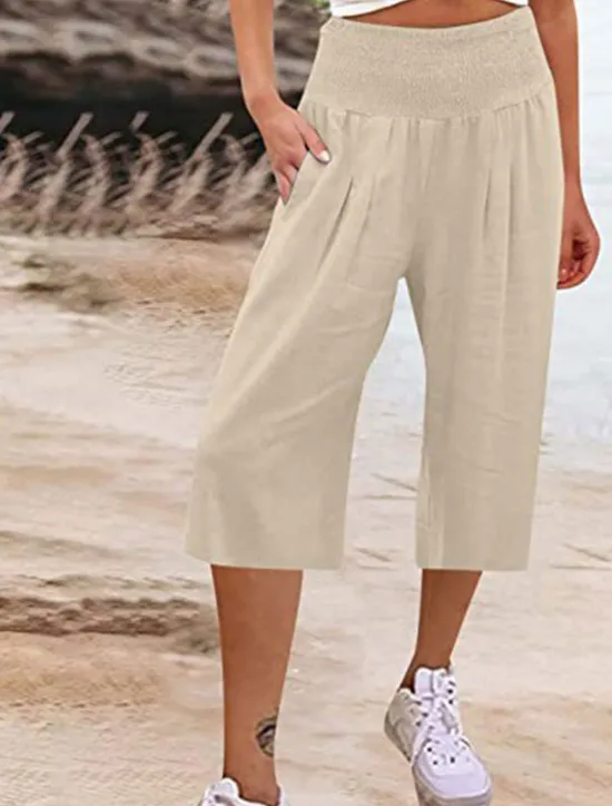 New Women's Cotton Linen Shorts Linen-Inspired Pants Cotton Linen Pants Fashion Streetwear Ankle-Length High Waist Plain Pocket Elastic Waistband Comfy Soft Comfortable Micro-elastic Outdoor Street Women Pants
