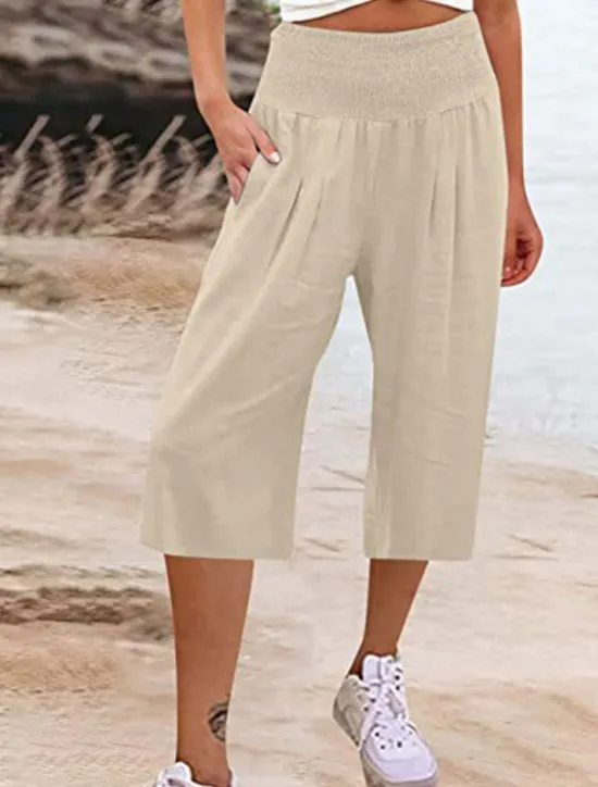 New Women's Cotton Linen Shorts Linen-Inspired Pants Cotton Linen Pants Fashion Streetwear Ankle-Length High Waist Plain Pocket Elastic Waistband Comfy Soft Comfortable Micro-elastic Outdoor Street Women Pants