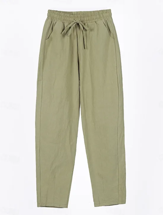 Sale Women's Cotton Linen Shorts Linen-Inspired Pants Cotton Linen Pants Streetwear Simple Casual Long Mid Waist Plain Pocket Drawstring Baggy Breathable Soft Outdoor Micro-elastic Outdoor Vacation Casual Women Pants