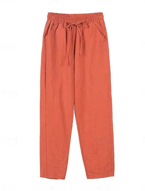 Sale Women's Cotton Linen Shorts Linen-Inspired Pants Cotton Linen Pants Streetwear Simple Casual Long Mid Waist Plain Pocket Drawstring Baggy Breathable Soft Outdoor Micro-elastic Outdoor Vacation Casual Women Pants