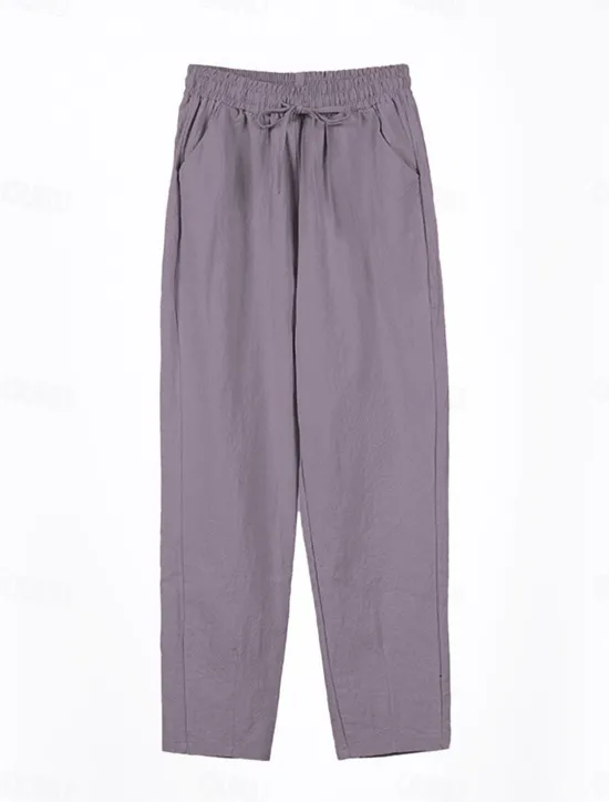 Sale Women's Cotton Linen Shorts Linen-Inspired Pants Cotton Linen Pants Streetwear Simple Casual Long Mid Waist Plain Pocket Drawstring Baggy Breathable Soft Outdoor Micro-elastic Outdoor Vacation Casual Women Pants