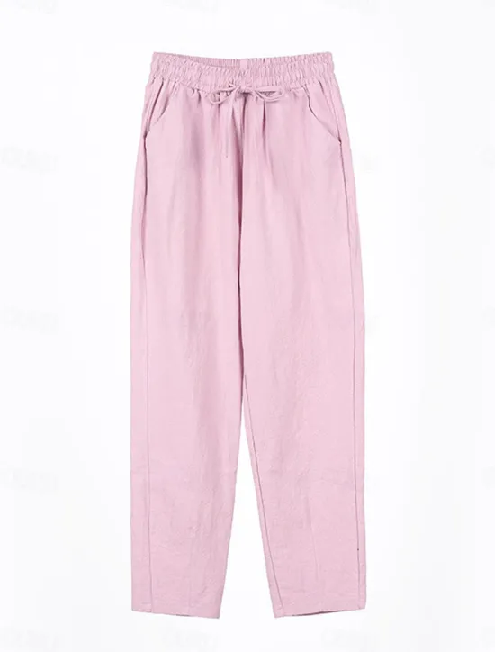 Sale Women's Cotton Linen Shorts Linen-Inspired Pants Cotton Linen Pants Streetwear Simple Casual Long Mid Waist Plain Pocket Drawstring Baggy Breathable Soft Outdoor Micro-elastic Outdoor Vacation Casual Women Pants