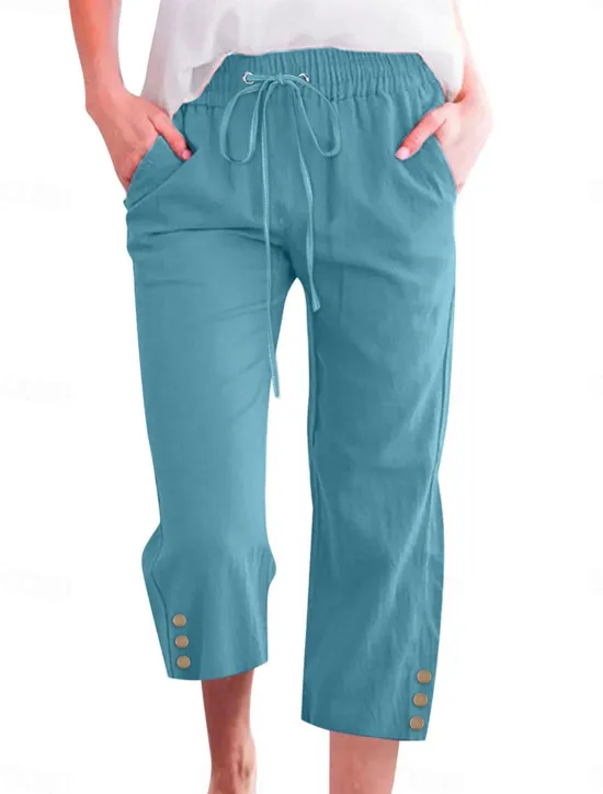 Online Women's Cotton Linen Shorts Linen-Inspired Pants Cotton Linen Pants Fashion Streetwear Basic Calf-Length Medium Waist Plain Pocket Elastic Waistband Comfort Outdoor Micro-elastic Vacation Street Daily Women Pants