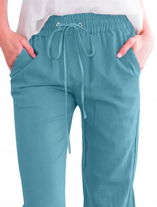 Online Women's Cotton Linen Shorts Linen-Inspired Pants Cotton Linen Pants Fashion Streetwear Basic Calf-Length Medium Waist Plain Pocket Elastic Waistband Comfort Outdoor Micro-elastic Vacation Street Daily Women Pants