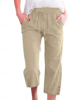 Online Women's Cotton Linen Shorts Linen-Inspired Pants Cotton Linen Pants Fashion Streetwear Basic Calf-Length Medium Waist Plain Pocket Elastic Waistband Comfort Outdoor Micro-elastic Vacation Street Daily Women Pants