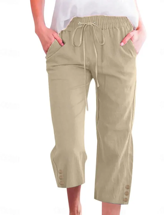 Online Women's Cotton Linen Shorts Linen-Inspired Pants Cotton Linen Pants Fashion Streetwear Basic Calf-Length Medium Waist Plain Pocket Elastic Waistband Comfort Outdoor Micro-elastic Vacation Street Daily Women Pants