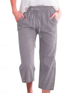 Online Women's Cotton Linen Shorts Linen-Inspired Pants Cotton Linen Pants Fashion Streetwear Basic Calf-Length Medium Waist Plain Pocket Elastic Waistband Comfort Outdoor Micro-elastic Vacation Street Daily Women Pants