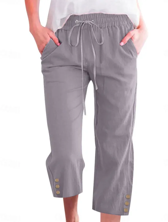 Online Women's Cotton Linen Shorts Linen-Inspired Pants Cotton Linen Pants Fashion Streetwear Basic Calf-Length Medium Waist Plain Pocket Elastic Waistband Comfort Outdoor Micro-elastic Vacation Street Daily Women Pants