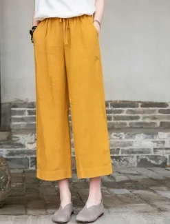 Outlet Women's Cotton Linen Shorts Linen-Inspired Pants Cotton Linen Pants Fashion Streetwear Basic Ankle-Length Medium Waist Plain Pocket Drawstring Comfort Outdoor Micro-elastic Vacation Street Daily rice Women Pants