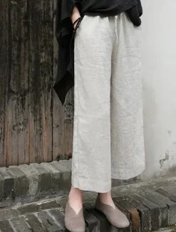 Outlet Women's Cotton Linen Shorts Linen-Inspired Pants Cotton Linen Pants Fashion Streetwear Basic Ankle-Length Medium Waist Plain Pocket Drawstring Comfort Outdoor Micro-elastic Vacation Street Daily rice Women Pants