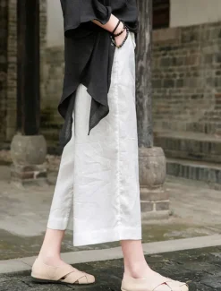 Outlet Women's Cotton Linen Shorts Linen-Inspired Pants Cotton Linen Pants Fashion Streetwear Basic Ankle-Length Medium Waist Plain Pocket Drawstring Comfort Outdoor Micro-elastic Vacation Street Daily rice Women Pants