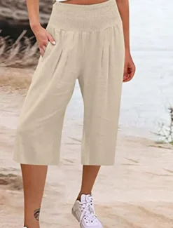 Outlet Women's Cotton Linen Shorts Linen-Inspired Pants Cotton Linen Pants Fashion Streetwear Basic Calf-Length High Waist Plain Pocket Elastic Waistband Comfort Outdoor Micro-elastic Vacation Street Daily Women Pants