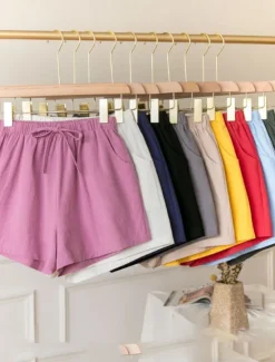 Women's Cotton Linen Shorts Shorts Slacks Streetwear Casual Short Natural Plain Pocket Elastic Drawstring Design Comfy Comfortable Vacation Street carmine Forest Green Light Sky Blue Grey Summer Women Pants