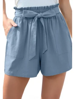 Online Women's Cotton Linen Shorts Linen-Inspired Pants Cotton Linen Pants Streetwear Casual Short Natural Plain Pocket Elastic Waist Breathability Soft Micro-elastic Casual Streetwear Navy Lake Blue Black Women Pants