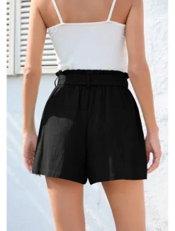 Online Women's Cotton Linen Shorts Linen-Inspired Pants Cotton Linen Pants Streetwear Casual Short Natural Plain Pocket Elastic Waist Breathability Soft Micro-elastic Casual Streetwear Navy Lake Blue Black Women Pants