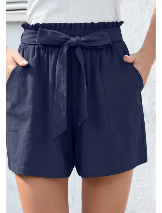 Online Women's Cotton Linen Shorts Linen-Inspired Pants Cotton Linen Pants Streetwear Casual Short Natural Plain Pocket Elastic Waist Breathability Soft Micro-elastic Casual Streetwear Navy Lake Blue Black Women Pants