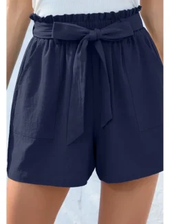 Online Women's Cotton Linen Shorts Linen-Inspired Pants Cotton Linen Pants Streetwear Casual Short Natural Plain Pocket Elastic Waist Breathability Soft Micro-elastic Casual Streetwear Navy Lake Blue Black Women Pants