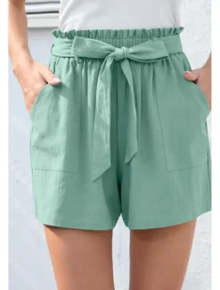 Online Women's Cotton Linen Shorts Linen-Inspired Pants Cotton Linen Pants Streetwear Casual Short Natural Plain Pocket Elastic Waist Breathability Soft Micro-elastic Casual Streetwear Navy Lake Blue Black Women Pants