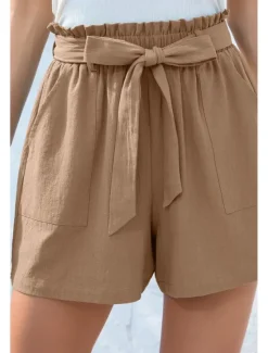 Online Women's Cotton Linen Shorts Linen-Inspired Pants Cotton Linen Pants Streetwear Casual Short Natural Plain Pocket Elastic Waist Breathability Soft Micro-elastic Casual Streetwear Navy Lake Blue Black Women Pants