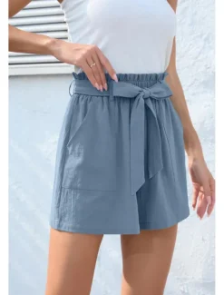 Online Women's Cotton Linen Shorts Linen-Inspired Pants Cotton Linen Pants Streetwear Casual Short Natural Plain Pocket Elastic Waist Breathability Soft Micro-elastic Casual Streetwear Navy Lake Blue Black Women Pants