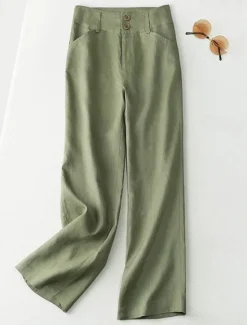 Outlet Women's Cotton Linen Shorts Linen-Inspired Pants Cotton Linen Pants Streetwear Casual Full Length Natural Plain Pocket Buckle Comfy Comfortable Street Going out Apricot Black White Dark Navy Summer Women Pants