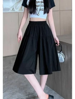 Hot Women's Cotton Linen Shorts Wide Leg Shorts Fashion Streetwear Knee Length Natural Plain Pocket Elastic Waist Breathability Comfortable Micro-elastic Vacation Street Black Khaki Beige Summer Regular Women Pants|Shorts