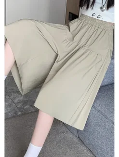 Hot Women's Cotton Linen Shorts Wide Leg Shorts Fashion Streetwear Knee Length Natural Plain Pocket Elastic Waist Breathability Comfortable Micro-elastic Vacation Street Black Khaki Beige Summer Regular Women Pants|Shorts