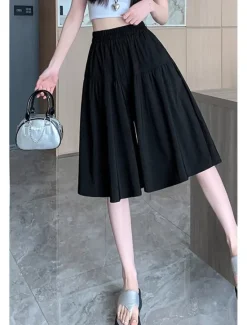 Hot Women's Cotton Linen Shorts Wide Leg Shorts Fashion Streetwear Knee Length Natural Plain Pocket Elastic Waist Breathability Comfortable Micro-elastic Vacation Street Black Khaki Beige Summer Regular Women Pants|Shorts