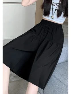 Hot Women's Cotton Linen Shorts Wide Leg Shorts Fashion Streetwear Knee Length Natural Plain Pocket Elastic Waist Breathability Comfortable Micro-elastic Vacation Street Black Khaki Beige Summer Regular Women Pants|Shorts