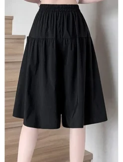 Hot Women's Cotton Linen Shorts Wide Leg Shorts Fashion Streetwear Knee Length Natural Plain Pocket Elastic Waist Breathability Comfortable Micro-elastic Vacation Street Black Khaki Beige Summer Regular Women Pants|Shorts