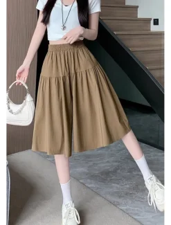 Hot Women's Cotton Linen Shorts Wide Leg Shorts Fashion Streetwear Knee Length Natural Plain Pocket Elastic Waist Breathability Comfortable Micro-elastic Vacation Street Black Khaki Beige Summer Regular Women Pants|Shorts