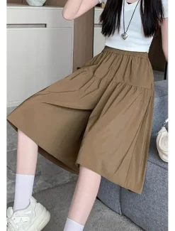 Hot Women's Cotton Linen Shorts Wide Leg Shorts Fashion Streetwear Knee Length Natural Plain Pocket Elastic Waist Breathability Comfortable Micro-elastic Vacation Street Black Khaki Beige Summer Regular Women Pants|Shorts