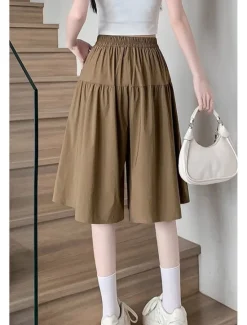 Hot Women's Cotton Linen Shorts Wide Leg Shorts Fashion Streetwear Knee Length Natural Plain Pocket Elastic Waist Breathability Comfortable Micro-elastic Vacation Street Black Khaki Beige Summer Regular Women Pants|Shorts