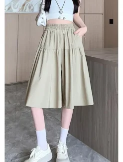 Hot Women's Cotton Linen Shorts Wide Leg Shorts Fashion Streetwear Knee Length Natural Plain Pocket Elastic Waist Breathability Comfortable Micro-elastic Vacation Street Black Khaki Beige Summer Regular Women Pants|Shorts