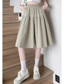 Hot Women's Cotton Linen Shorts Wide Leg Shorts Fashion Streetwear Knee Length Natural Plain Pocket Elastic Waist Breathability Comfortable Micro-elastic Vacation Street Black Khaki Beige Summer Regular Women Pants|Shorts