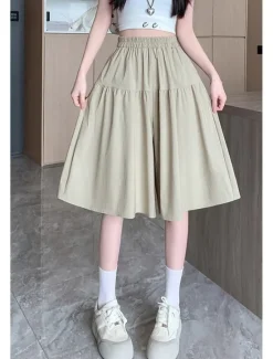Hot Women's Cotton Linen Shorts Wide Leg Shorts Fashion Streetwear Knee Length Natural Plain Pocket Elastic Waist Breathability Comfortable Micro-elastic Vacation Street Black Khaki Beige Summer Regular Women Pants|Shorts