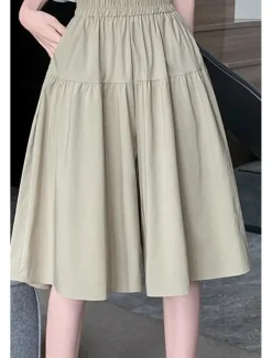 Hot Women's Cotton Linen Shorts Wide Leg Shorts Fashion Streetwear Knee Length Natural Plain Pocket Elastic Waist Breathability Comfortable Micro-elastic Vacation Street Black Khaki Beige Summer Regular Women Pants|Shorts