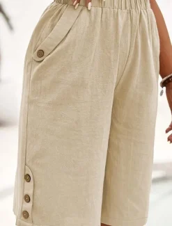 Women's Cotton Linen Shorts Shorts Crop Streetwear Casual Knee Length Natural Plain Pocket Elastic Waist Outdoor Comfortable Outdoor Going out Light Sky Blue Black White Dark navy Summer Regular Fit Women Pants