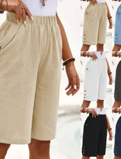 Women's Cotton Linen Shorts Shorts Crop Streetwear Casual Knee Length Natural Plain Pocket Elastic Waist Outdoor Comfortable Outdoor Going out Light Sky Blue Black White Dark navy Summer Regular Fit Women Pants