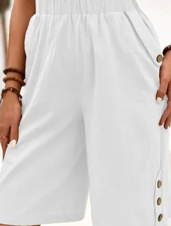 Women's Cotton Linen Shorts Shorts Crop Streetwear Casual Knee Length Natural Plain Pocket Elastic Waist Outdoor Comfortable Outdoor Going out Light Sky Blue Black White Dark navy Summer Regular Fit Women Pants