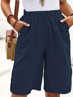 Women's Cotton Linen Shorts Shorts Crop Streetwear Casual Knee Length Natural Plain Pocket Elastic Waist Outdoor Comfortable Outdoor Going out Light Sky Blue Black White Dark navy Summer Regular Fit Women Pants