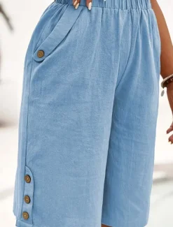 Women's Cotton Linen Shorts Shorts Crop Streetwear Casual Knee Length Natural Plain Pocket Elastic Waist Outdoor Comfortable Outdoor Going out Light Sky Blue Black White Dark navy Summer Regular Fit Women Pants